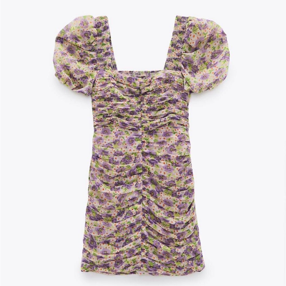 Zara Daisy Print Puff Sleeve Mini Dress Purple White Smocked Small